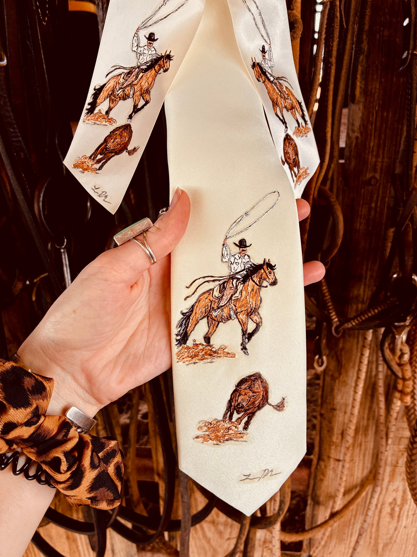White Handpainted Necktie and Bow Combo