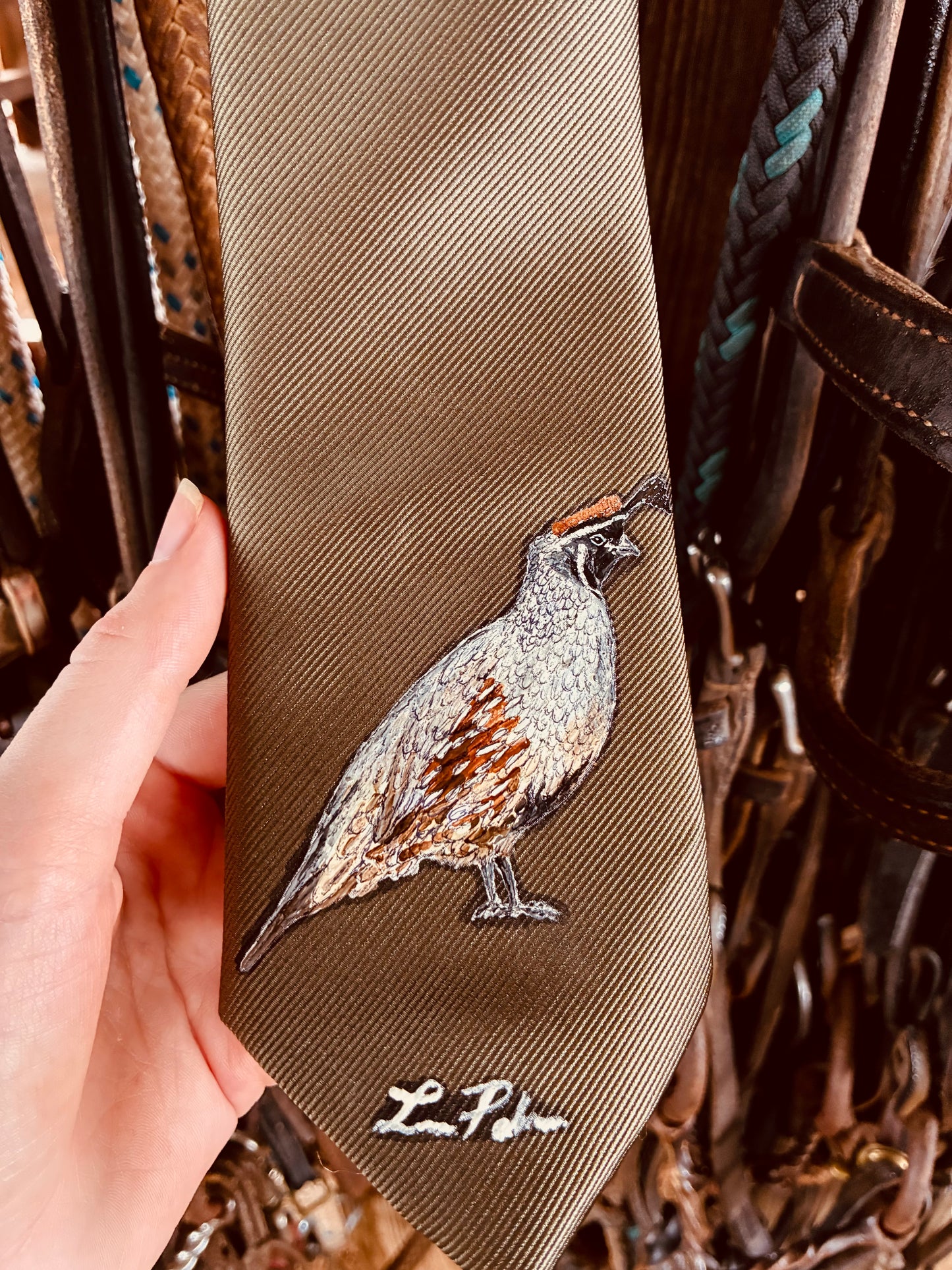 Quail Green Handpainted Necktie