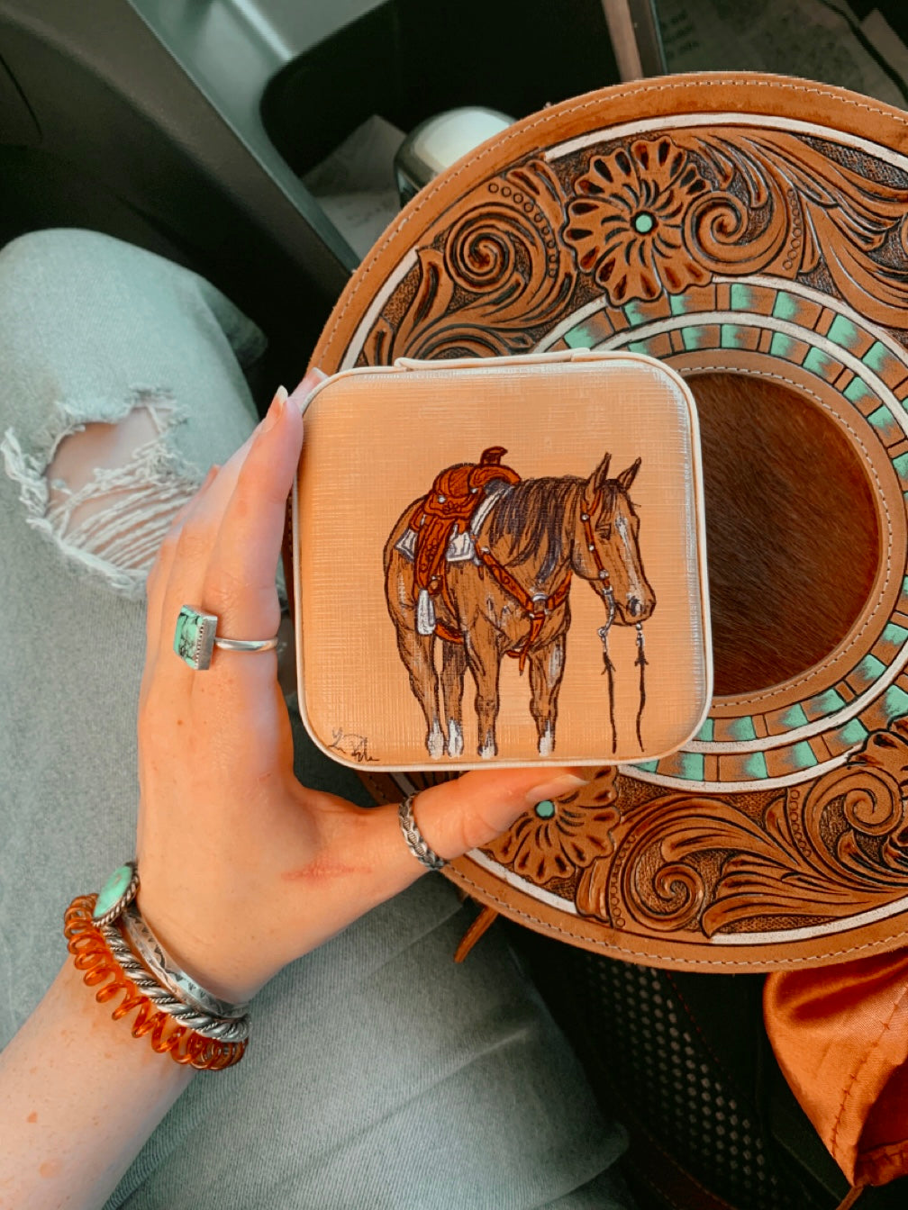 Tan Pony Mirror Mini Jewelry Case