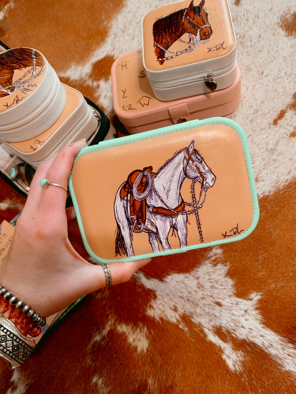 Large White Horse Turquoise Jewelry Case