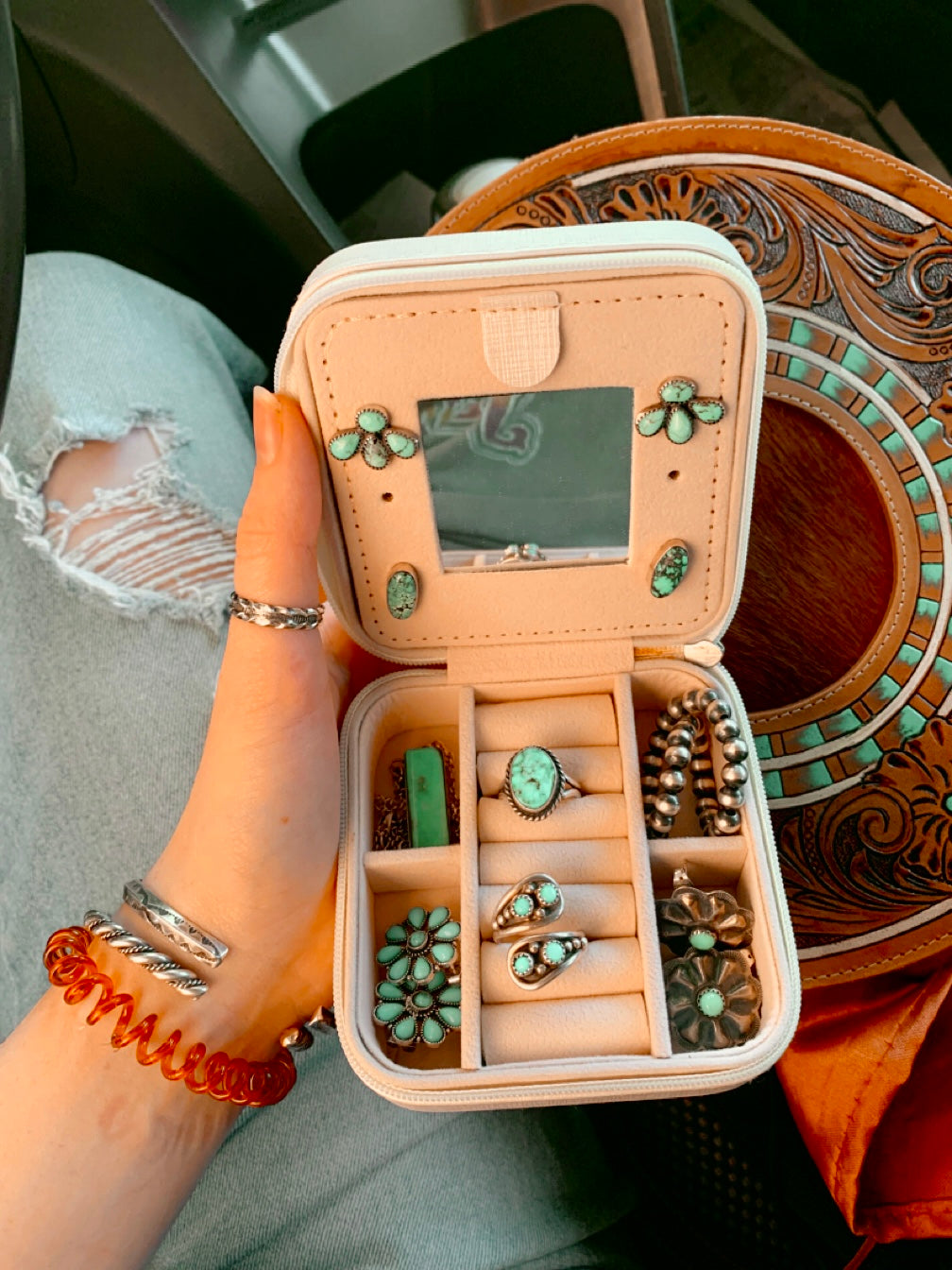 Tan Pony Mirror Mini Jewelry Case