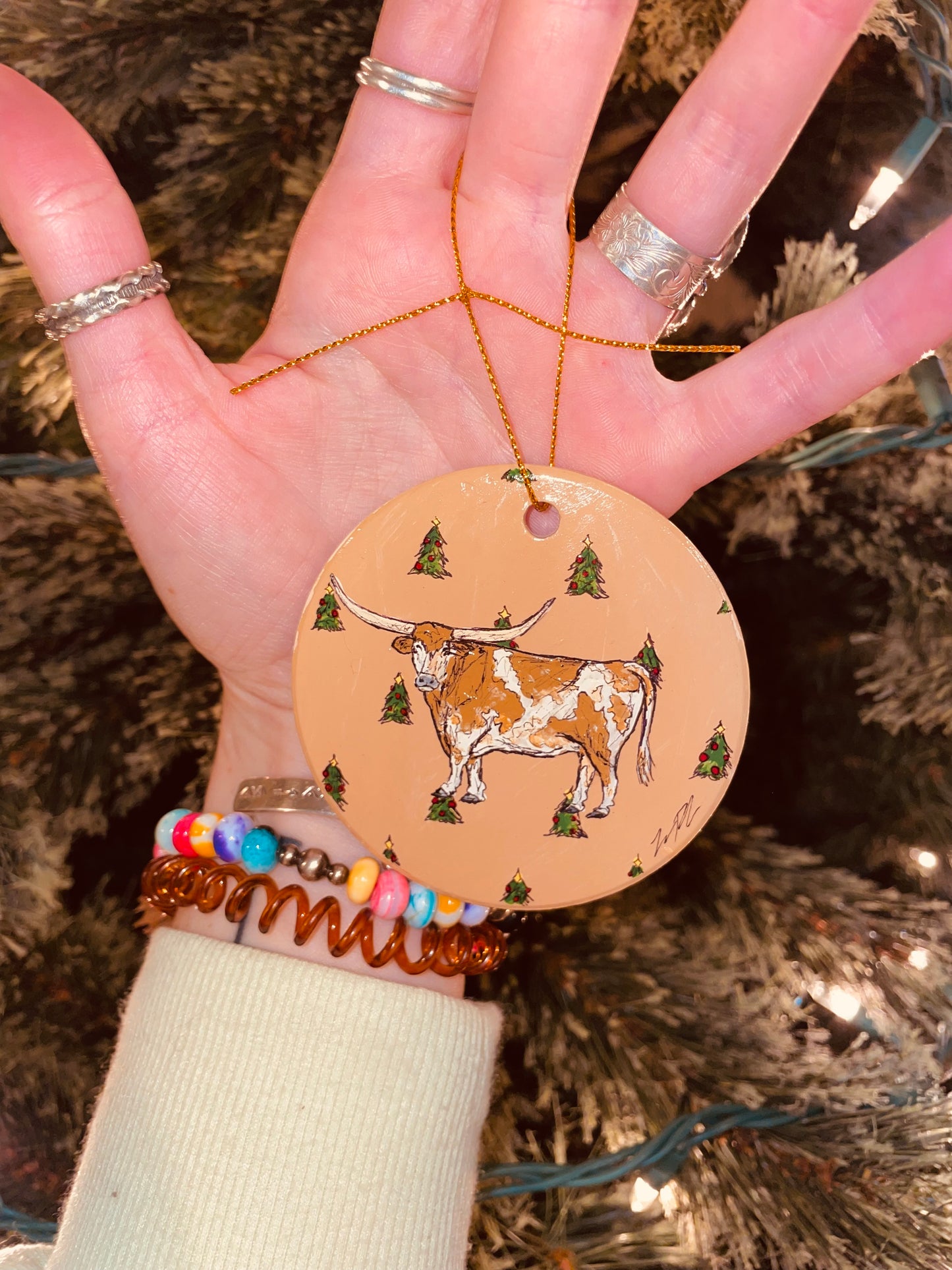 Holiday Longhorn Hanpainted Ornament